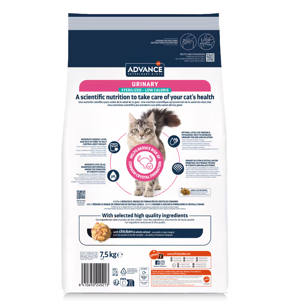 Advance Vet Gato Urinary Sterilized Low Calorie Pollo - Pienso seco para gato esterilizado para salud urinaria y control de peso