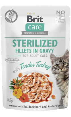 Alimento húmido para Gatos Brit Care Cat Sterilized Fillets in Gravy with Tender Turkey | Wet (Saqueta) | 12 x 85 g