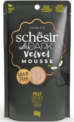 Alimento húmido para Gatos Schesir Cat After Dark Velvet Mousse de Frango | Wet (Saqueta) | 12 x 80 g
