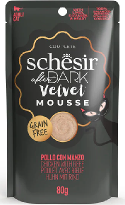 Alimento húmido para Gatos Schesir Cat After Dark Velvet Mousse de Frango com Carne de Vaca | Wet (Saqueta) | 12 x 80 g