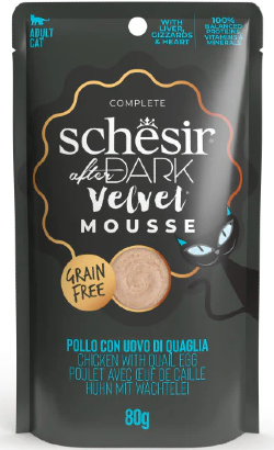 Alimento húmido para Gatos Schesir Cat After Dark Velvet Mousse de Frango com Ovo de Codorniz | Wet (Saqueta)	 | 12 x 80 g
