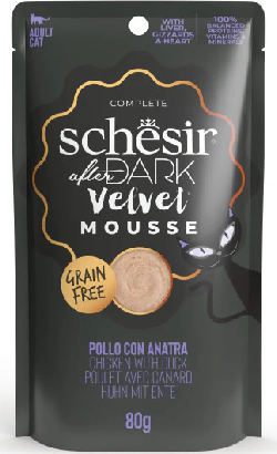 Alimento húmido para Gatos Schesir Cat After Dark Velvet Mousse de Frango com Pato | Wet (Saqueta)	 | 12 x 80 g