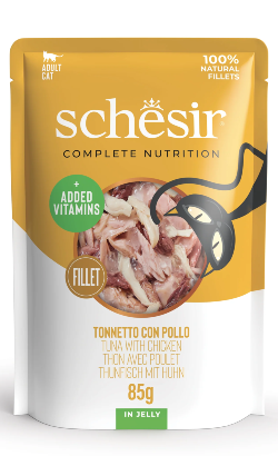 Alimento húmido para Gatos Schesir Cat Atum & Frango em Gelatina | Wet (Saqueta) | 12 x 85 g