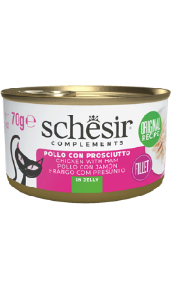Alimento húmido para Gatos Schesir Cat Frango & Presunto em Gelatina | Wet (Lata) | 12 x 70 g