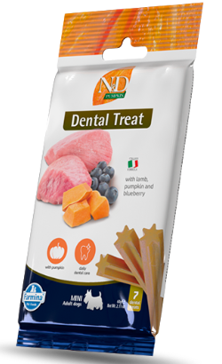 Biscoitos para cão N&D Pumpkin Dog Dental Treat Lamb & Blueberry Mini | 60 g