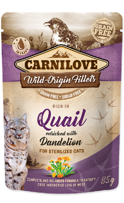 Ração húmida para Gatos Carnilove Grain-Free Cat Sterilized Quail with Dandelion | Wet (Saqueta) | 85 g