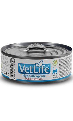 Ração Veterinária húmida para Gatos Farmina Vet Life Feline Hypoallergenic Pork & Potato | Wet Lata | 12 x 85 g