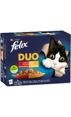Ração húmida para Gatos Felix Fantastic Duo Saborosa Selecção em Gelatina Vaca, Frango, Borrego e Peru | Wet (Saqueta) | Cx c/ 12 saquetas 85 g