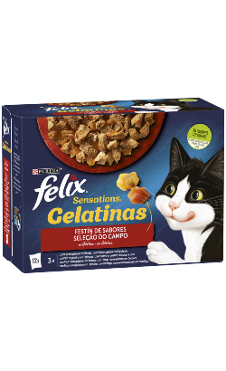 Ração húmida para Gatos Felix Sensations Gelatinas Selecção do Campo Vaca, Frango, Pato e Borrego | Wet (Saqueta) | Cx c/ 12 saquetas 85 g