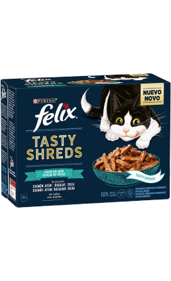 Ração húmida para Gatos Felix Tasty Shreds Selecção de Peixes Salmão Atum Bacalhau e Solha| Wet (Saqueta) | Cx c/ 12 saquetas 80 g