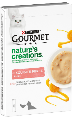 Ração húmida para Gatos Gourmet Natures Creations Puré Snacks Salmão & Cenoura | Wet (Saqueta) | 5 x 10 g