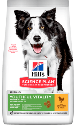 Ração para Cão Hills Science Plan Dog Youthful Vitality Medium Mature Adult 7+ with Chicken & Rice | 14 kg