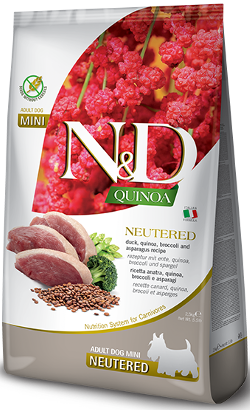 Ração para Cão N&D Quinoa Dog Neutered Duck, Broccoli & Asparg Mini Adult | 2,5 kg