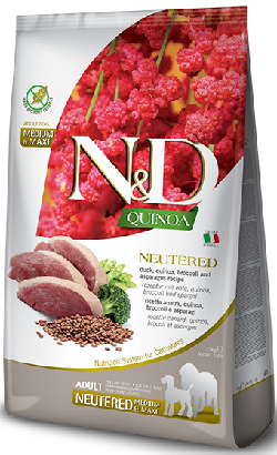 Ração para Cão N&D Quinoa Dog Neutered Duck, Broccoli & Asparg Medium Maxi Adult | 12 kg