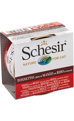 Ração húmida para Gatos Schesir Cat Atum com Filete de Carne e Arroz ao Natural | Wet (Lata) | 14 x 85 g