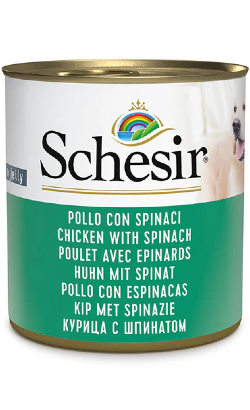 Ração húmida para Cão Schesir Dog Frango e Espinafres em Gelatina | Wet (Lata) | 16 x 285 gr
