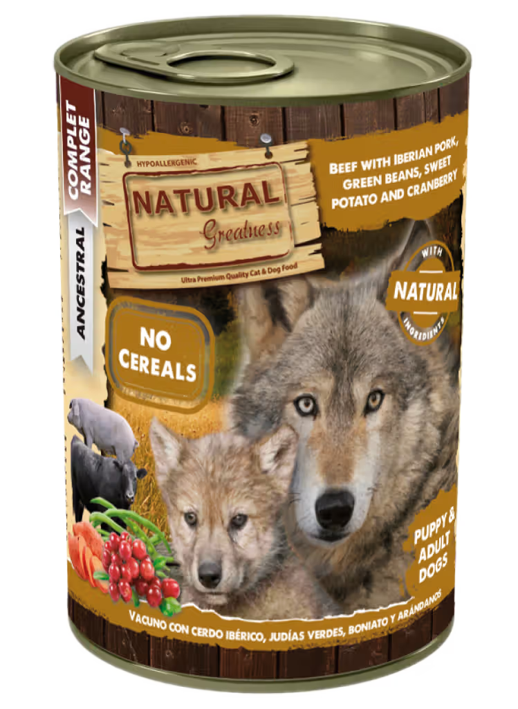 Natural Greatness Cão Vaca, Porco, Feijão Verde, Batata Doce e Arandos - Ração húmida para cão