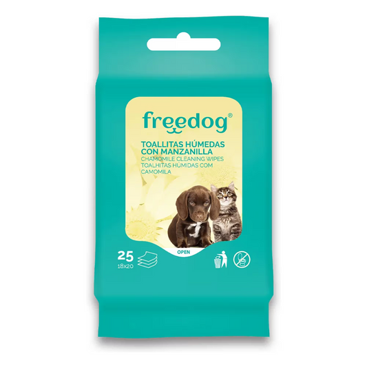 FREEDOG TOALLITAS HUMEDAS MANZANILLA POCKET - Toalhitas húmidas para cão e gato com camomila