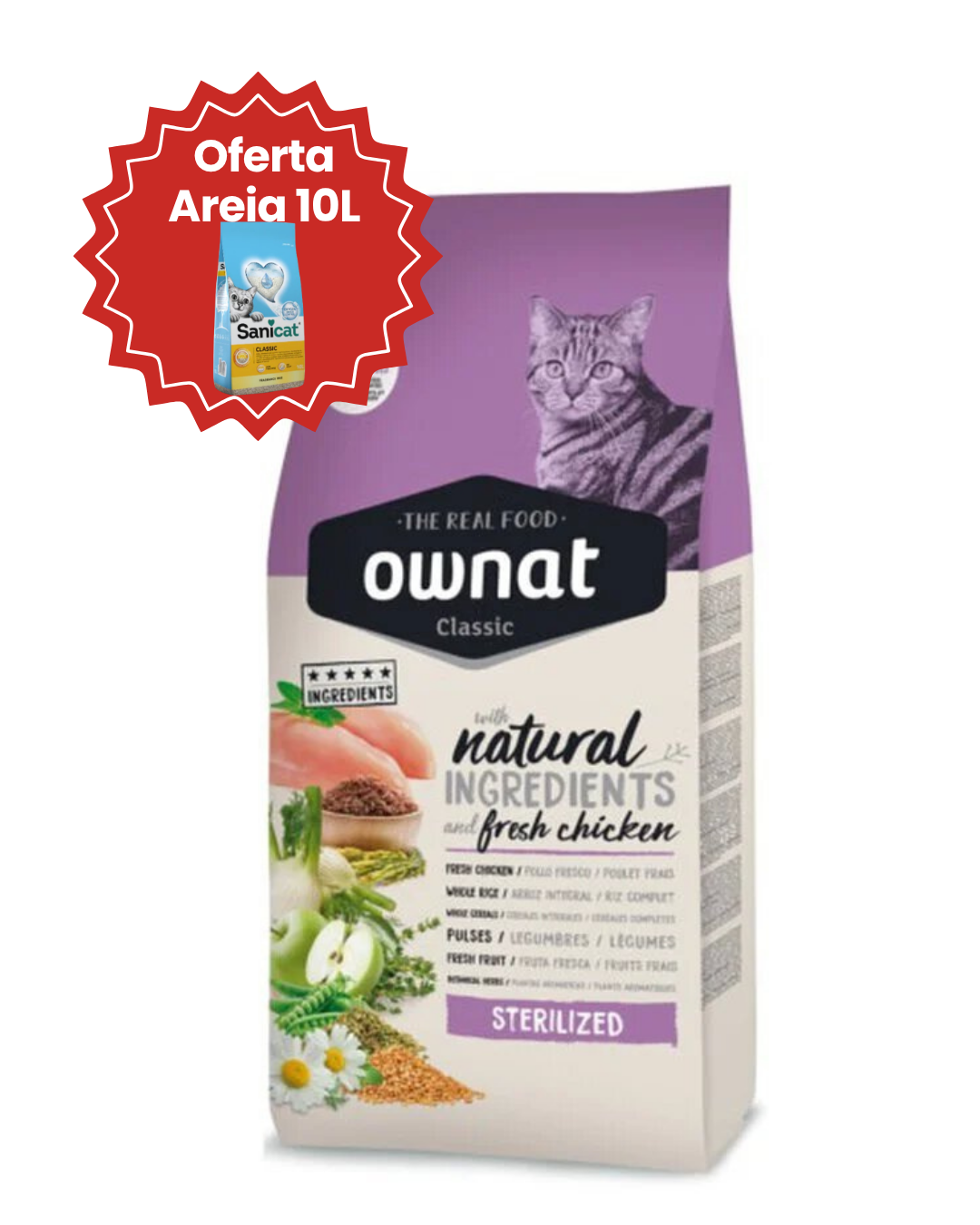 OFERTA : Ração Gato Ownat Classic Sterilized | 15 kg + Oferta Areia Gato Sanicat Classic | 10 lt