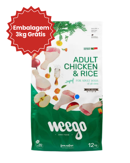 OFERTA 3kg: Weego Dog Low Grain Food Adult Chicken & Rice Low Grain 12 KG + Embalagem 3kg Grátis