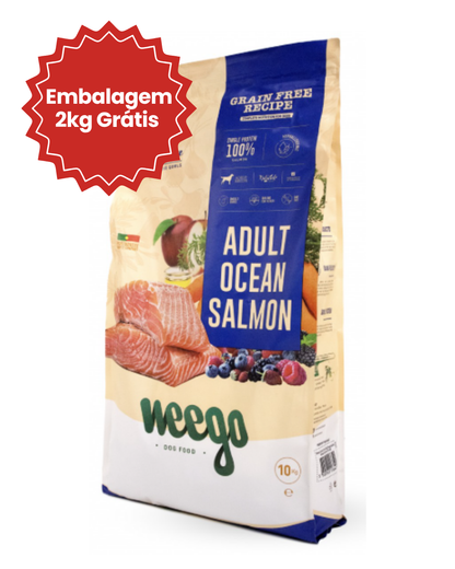 OFERTA 2kg: Weego Dog Grain Free Food Grain Free Adult Ocean Salmon 10 KG + Embalagem 2kg Grátis