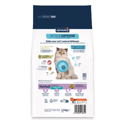 Advance Sterilized Hairball Gato Pavo y Cebada - Pienso seco para gato esterilizado con bolas de pelo