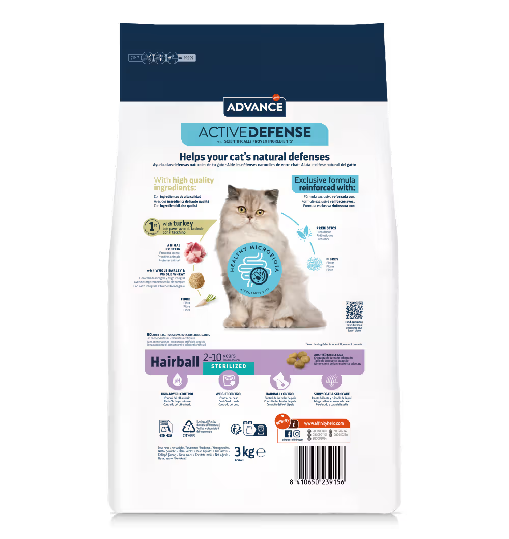 Advance Sterilized Hairball Gato Pavo y Cebada - Pienso seco para gato esterilizado con bolas de pelo
