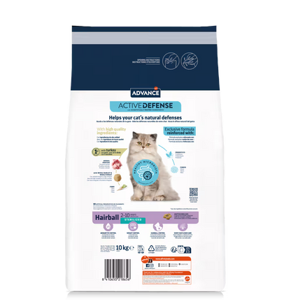 Advance Sterilized Hairball Gato Pavo y Cebada - Pienso seco para gato esterilizado con bolas de pelo