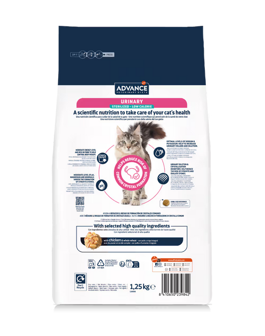 Advance Vet Gato Urinary Sterilized Low Calorie Pollo - Pienso seco para gato esterilizado para salud urinaria y control de peso