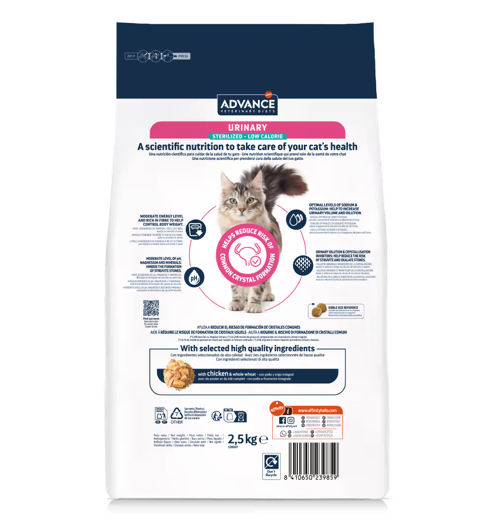 Advance Vet Gato Urinary Sterilized Low Calorie Pollo - Pienso seco para gato esterilizado para salud urinaria y control de peso