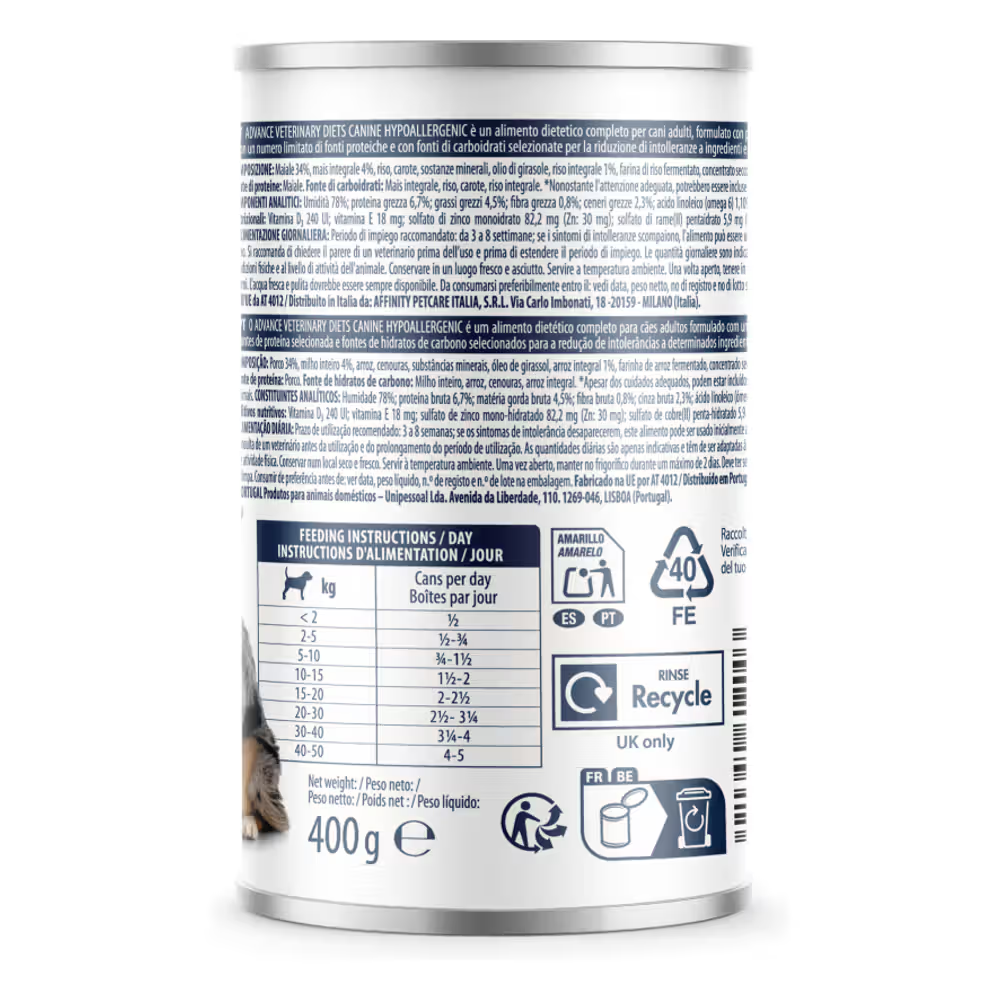 Alimentação Veterinária húmida para Cão Advance Vet Dog Hypoallergenic Pork Wet (Lata)