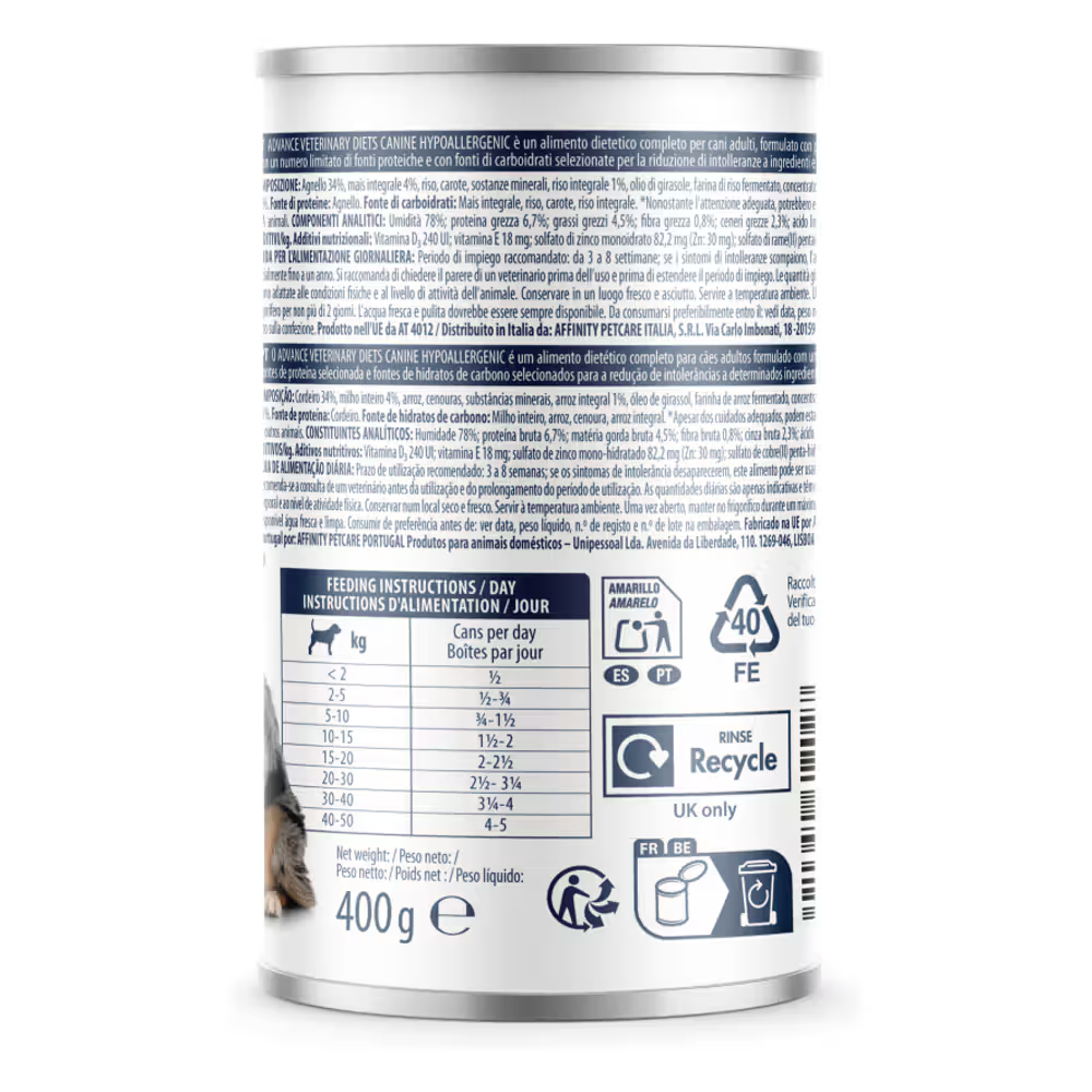 Alimentação Veterinária húmida para Cão Advance Vet Dog Hypoallergenic Lamb Wet (Lata)