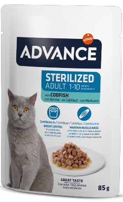 Ração húmida para Gatos Advance Cat Sterilized Codfish | Wet (Saqueta) | Caixa 12 Saquetas 85 g