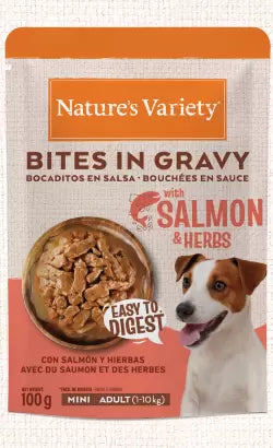 Natures Variety Bites in Gravy Mini Chunks Adult Dog Salmon and Herbs - Wet dog food