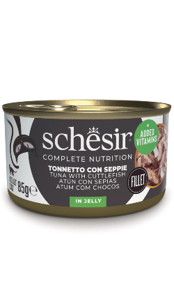 Alimento Húmido para Gatos Schesir Cat Atum & Chocos em Gelatina | Wet (Lata) | 12 x 85 g