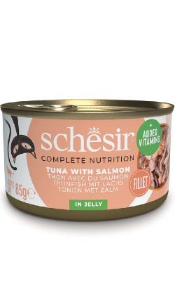 Alimento Húmido para Gatos Schesir Cat Atum com Salmão em Gelatina | Wet (Lata) | 12 x 85 g