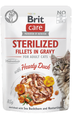 Alimento húmido para Gatos Brit Care Cat Sterilized Fillets in Gravy with Hearty Duck | Wet (Saqueta) | 12 x 85 g