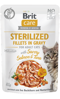 Alimento húmido para Gatos Brit Care Cat Sterilized Fillets in Gravy with Savory Salmon & Tuna | Wet (Saqueta) | 12 x 85 g