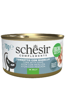 Alimento húmido para Gatos Schesir Cat Atum com Pescada em Gelatina | Wet (Lata) | 12 x 70 g
