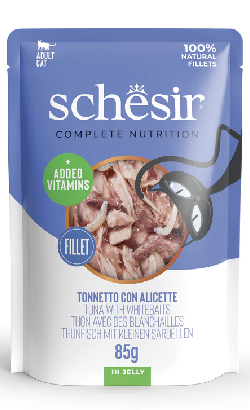 Alimento húmido para Gatos Schesir Cat Atum & Anchovas Pequenas em Gelatina | Wet (Saqueta) | 12 x 85 g