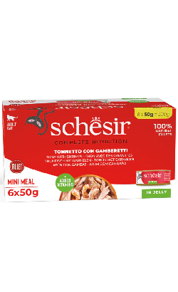 Alimento húmido para Gatos Schesir Cat Atum & Gambas em Gelatina Pack | Wet (Lata) | 6 x 50 g