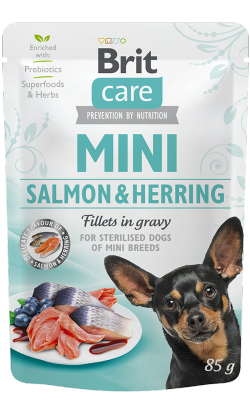Ração húmida para Cão Brit Care Mini Sterilized Salmon & Herring Fillets in Gravy | Wet (Saqueta) | 85 g