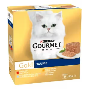 Gourmet Gold Seleção de Mousses Gato Adulto e Sénior Peixe do Oceano, Fígado, Peru e Vaca - Ração húmida para gato