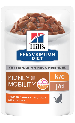 Ração Veterinária húmida Hills Prescription Diet Feline k/d + Mobility with Chicken | Wet (Saqueta) | Cx c/ 12 saquetas 85 g