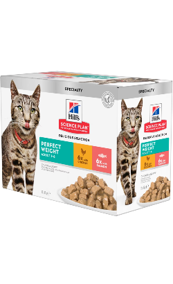 Alimento húmido para Gatos Hills Science Plan Cat Perfect Weight Adult with Chicken & Salmon Multipack | Wet (Saqueta) | Caixa 12 x 85 g