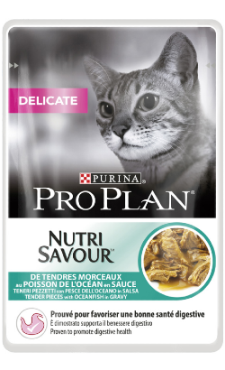 Ração húmida para Gatos Pro Plan Cat Adult NutriSavour Delicate with Ocean Fish | Wet (Saqueta) | 26 x 85 g