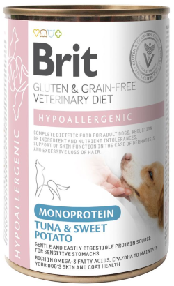 Alimento Veterinário Húmido para Cão Brit Veterinary Diet Dog Hypoallergenic Gluten & Grain-Free Monoprotein Tuna & Sweet Potato | Wet (Lata) | 400 g