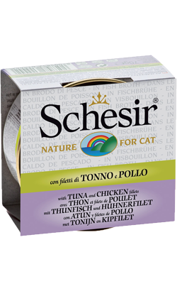 Ração húmida para Gatos Schesir Cat Atum com Filete de Frango em Caldo de Peixe | Wet (Lata) | 14 x 70 g