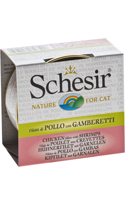 Ração húmida para Gatos Schesir Cat Filete de Frango com Gambas em Caldo de Frango | Wet (Lata) | 14 x 70 g