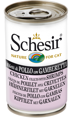 Ração húmida para Gatos Schesir Cat Filete de Frango com Gambas em Gelatina | Wet (Lata) | 24 x 140 g